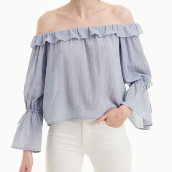 Club Monaco Cailean Top | off the shoulder ruffle blue and white striped top - Picture 1 of 8